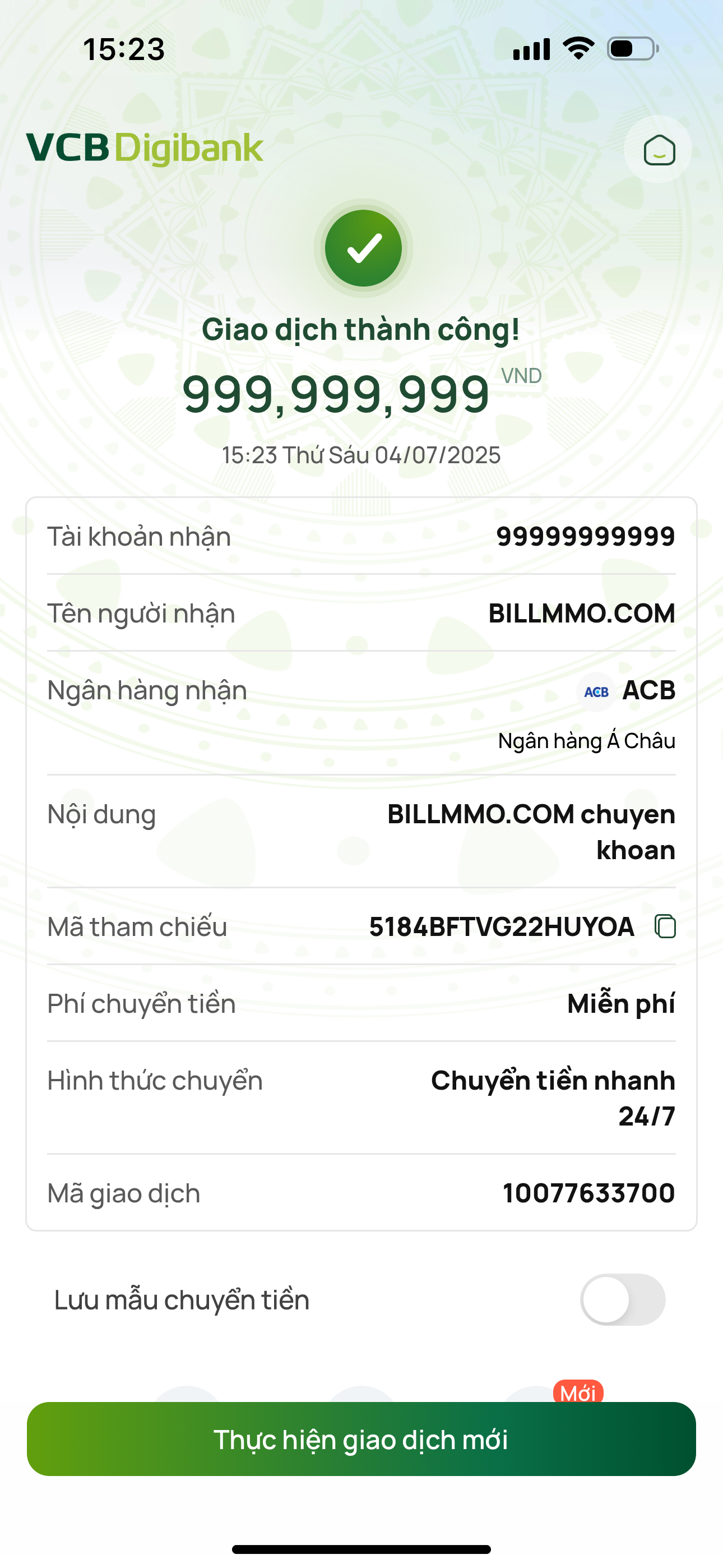Bill chuyển khoản Vietcombank Digibank