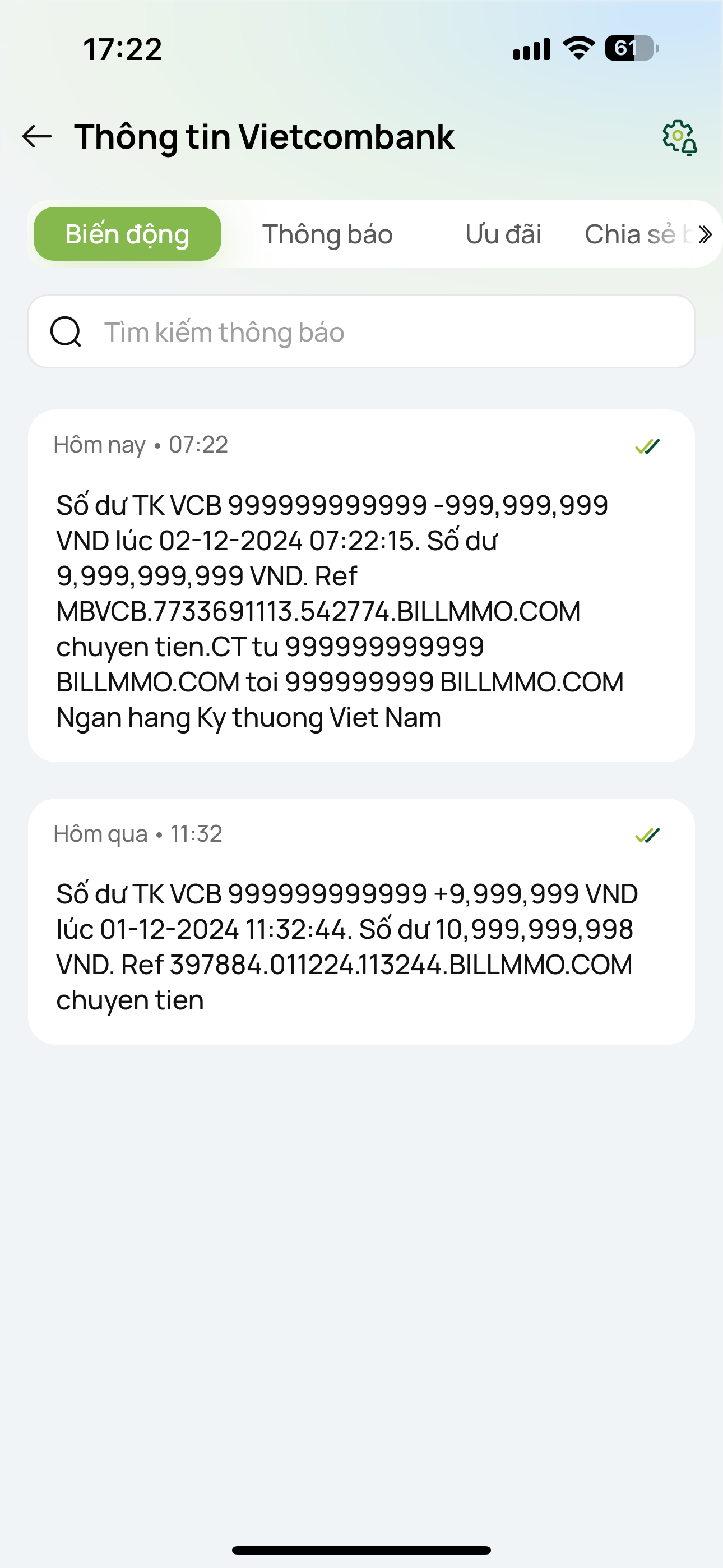 Mẫu bill biến động số dư